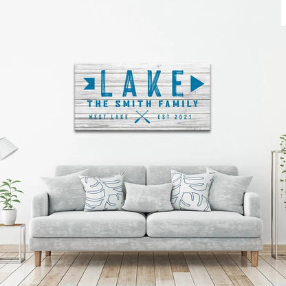 Canvas wall art Wooden Lake Arrow Sign by Tailored Canvases on distressed wood with blue typography and arrows on Tampa Home & Garden Store