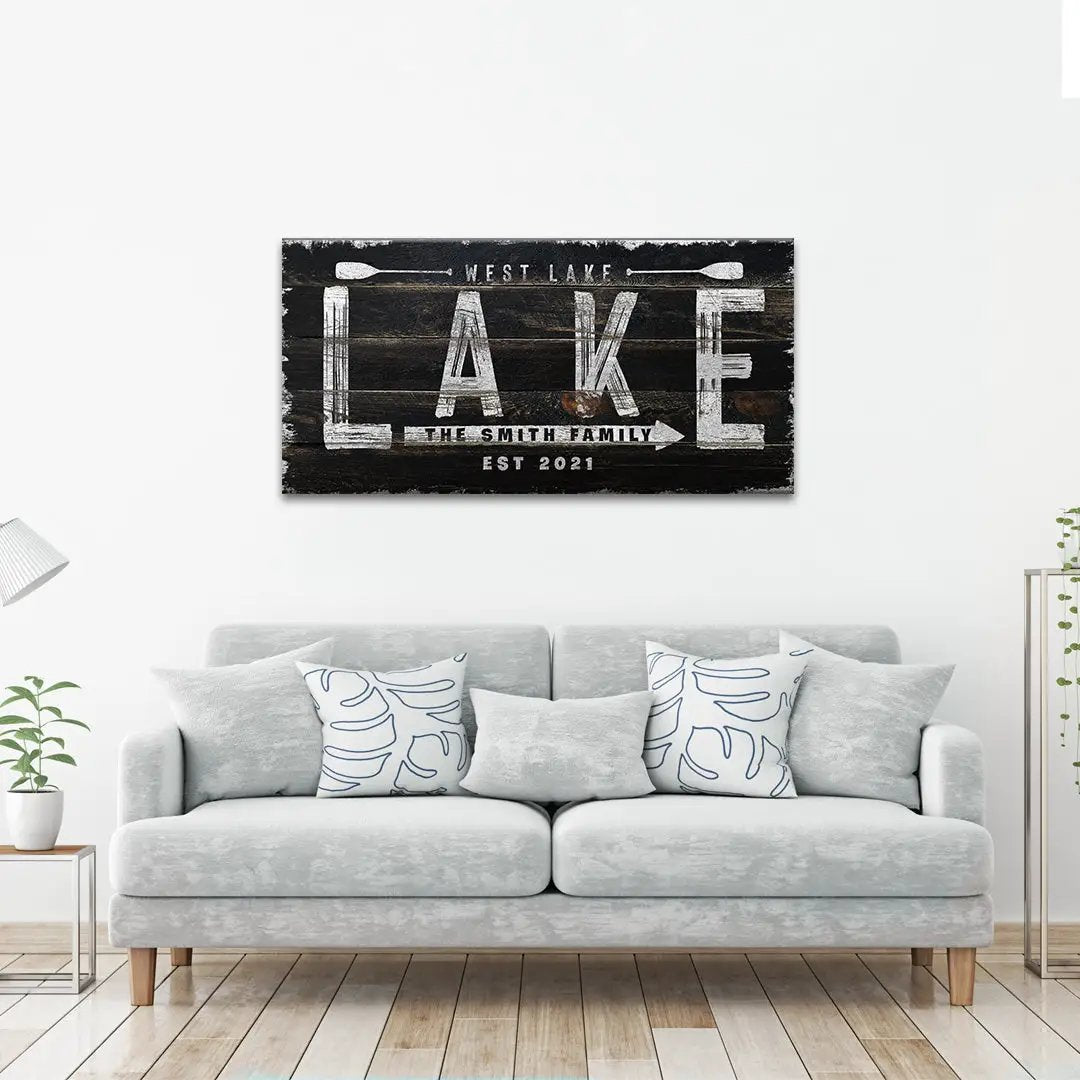 Canvas Wooden Lake Arrow Sign with distressed dark wood backdrop Tailored Canvases on Tampa Home & Garden Store