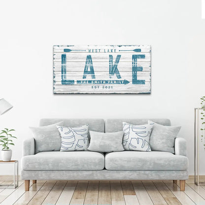 Wooden Lake Arrow Sign canvas wall art weathered white planks and blue text Tailored Canvases on Tampa Home & Garden Store