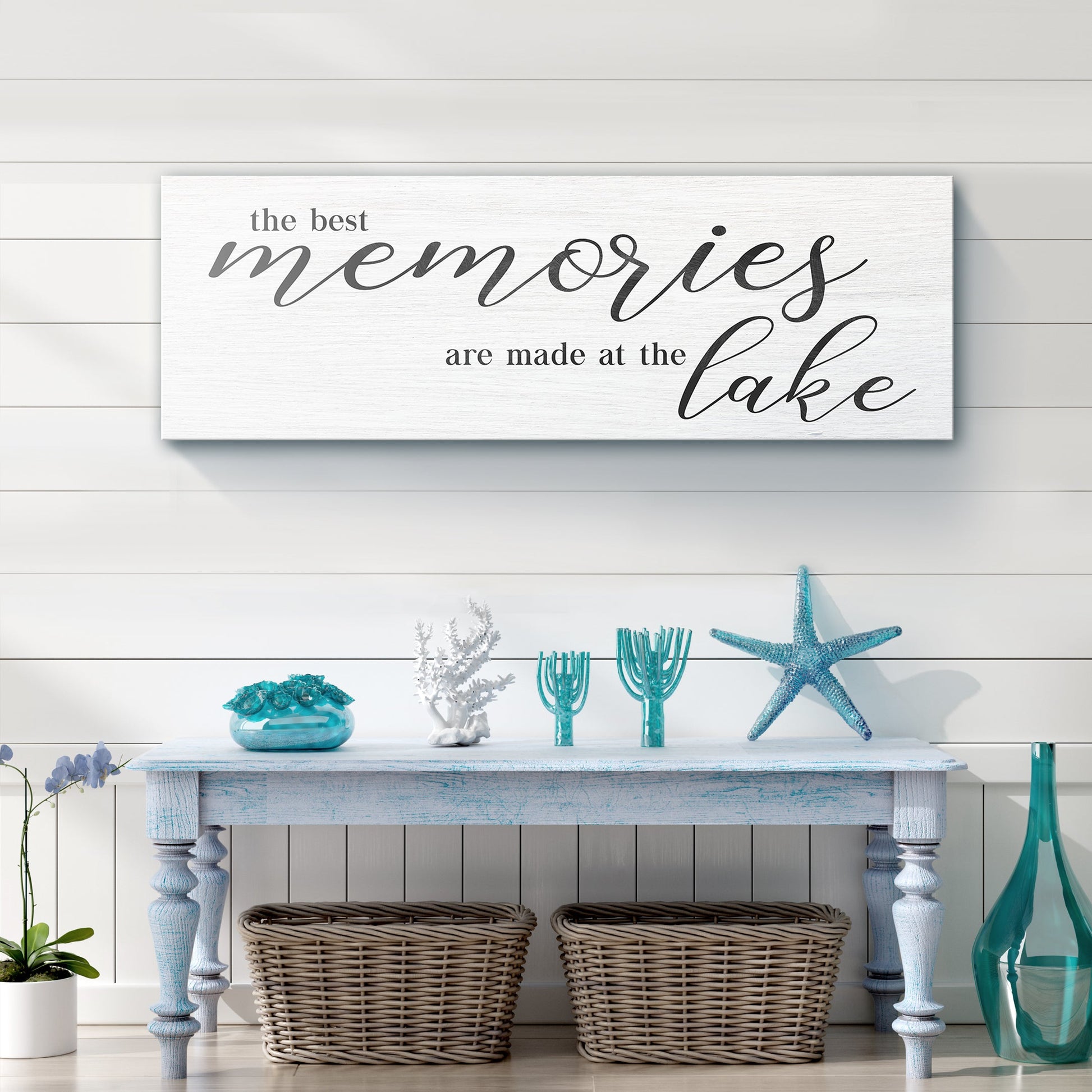 Best Memories At The Lake Sign canvas with whitewashed wood grain and elegant script text on Tampa Home & Garden Store