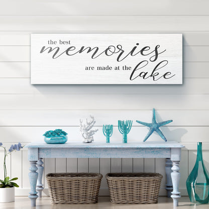 Best Memories At The Lake Sign canvas with whitewashed wood grain and elegant script text on Tampa Home & Garden Store