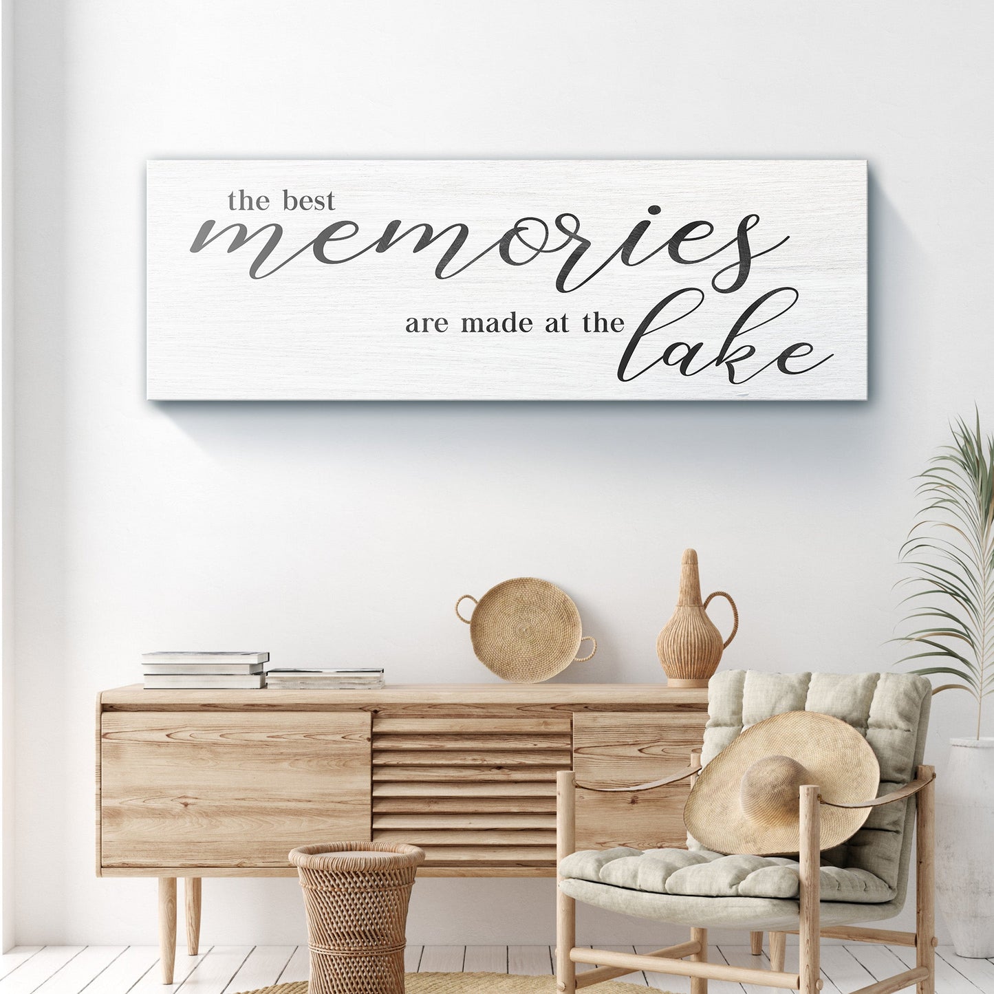 Best Memories At The Lake Sign canvas by Tailored Canvases, whitewashed wall art with script on Tampa Home & Garden Store