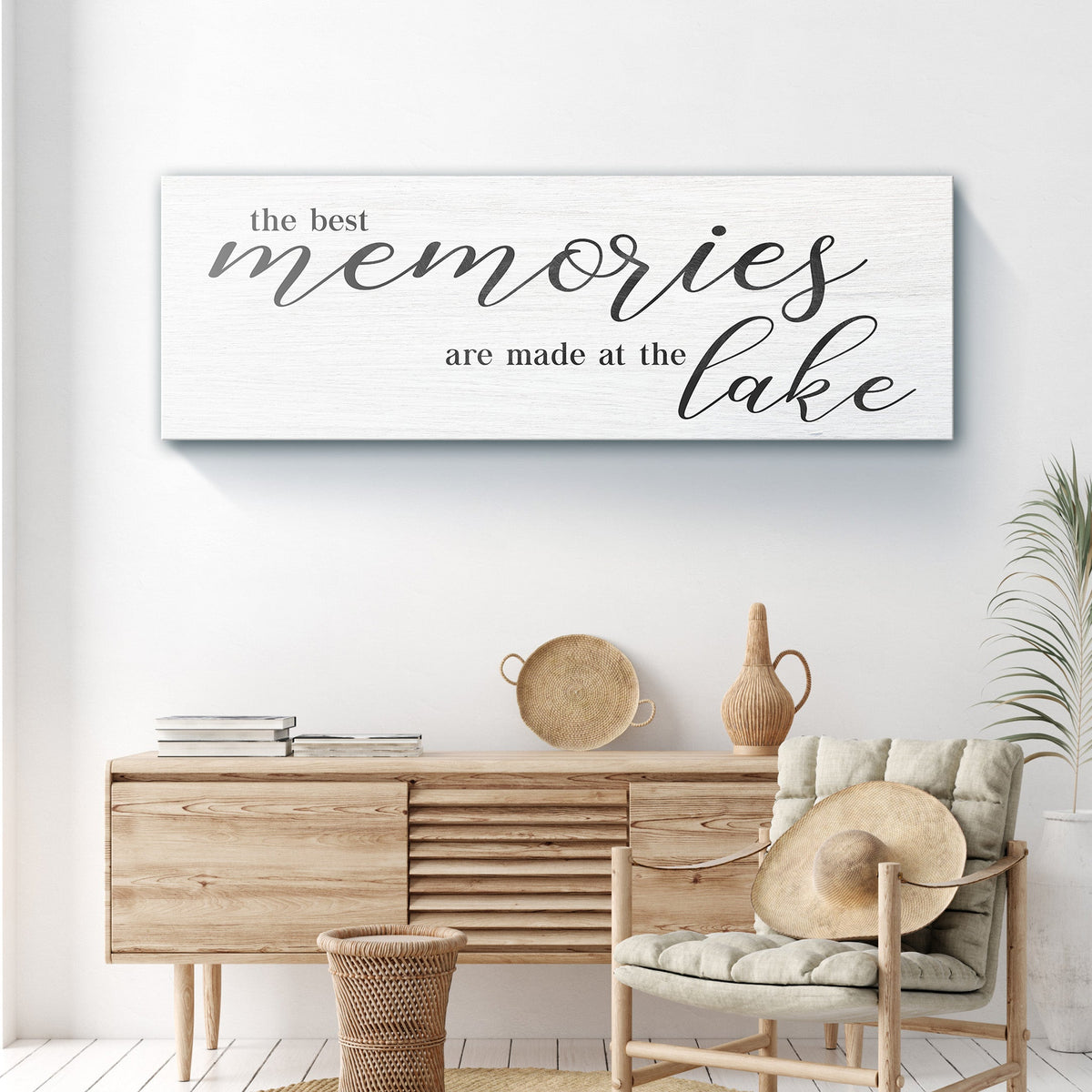 Best Memories At The Lake Sign canvas by Tailored Canvases, whitewashed wall art with script on Tampa Home & Garden Store