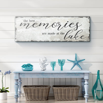 canvas sign the best memories are made at the lake with black script on whitewashed canvas on Tampa Home & Garden Store