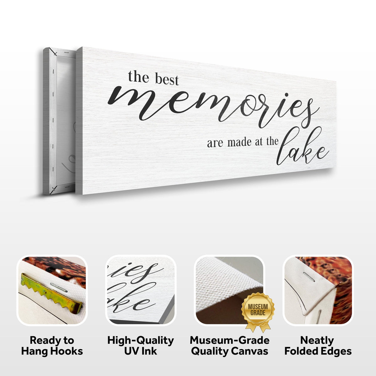 Best Memories At The Lake canvas sign by Tailored Canvases, whitewashed wood texture on Tampa Home & Garden Store