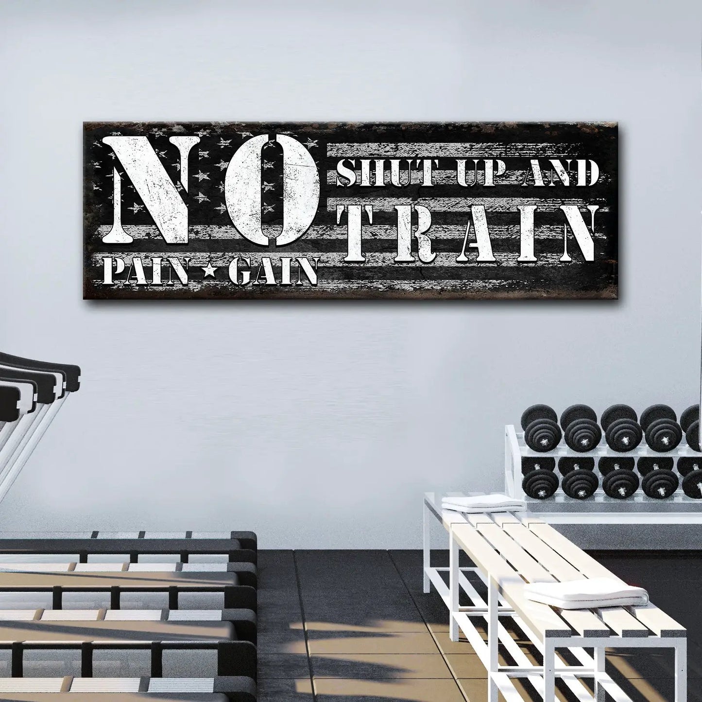 No Pain No Gain sign canvas by Tailored Canvases with distressed flag background in gym on Tampa Home & Garden Store