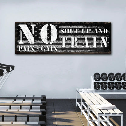 No Pain No Gain sign canvas by Tailored Canvases with distressed flag background in gym on Tampa Home & Garden Store
