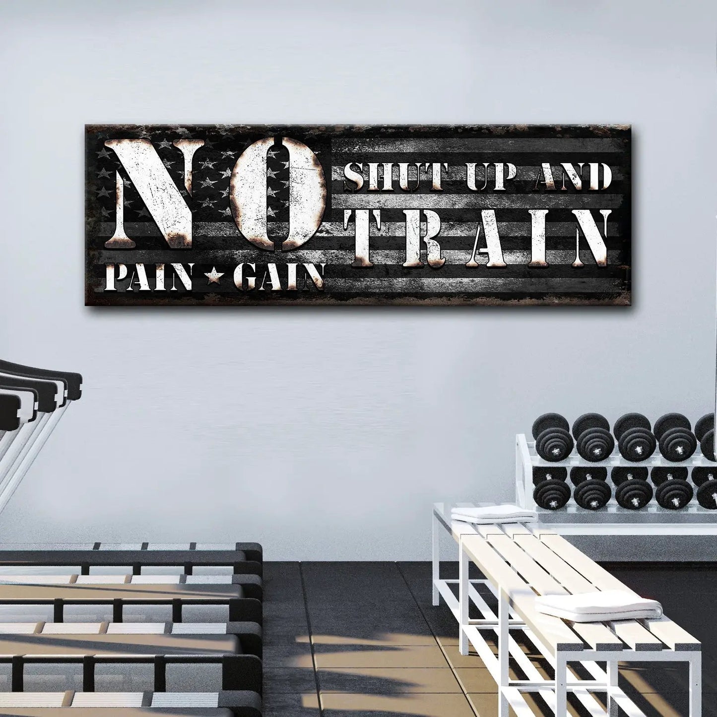 No Pain No Gain Sign canvas wall art distressed letters on dark flag stripe Tailored Canvases on Tampa Home & Garden Store