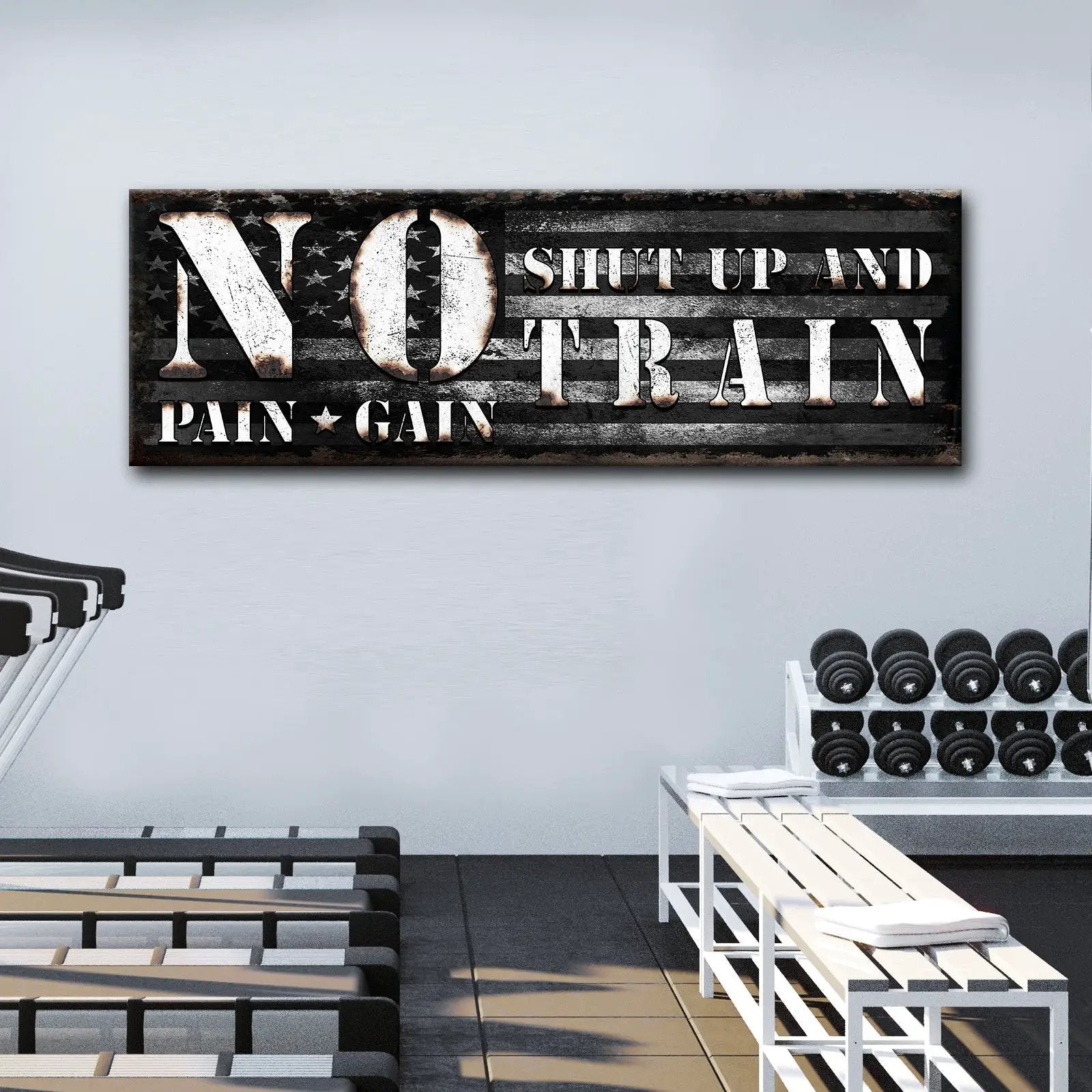 No Pain No Gain Sign canvas wall art distressed letters on dark flag stripe Tailored Canvases on Tampa Home & Garden Store