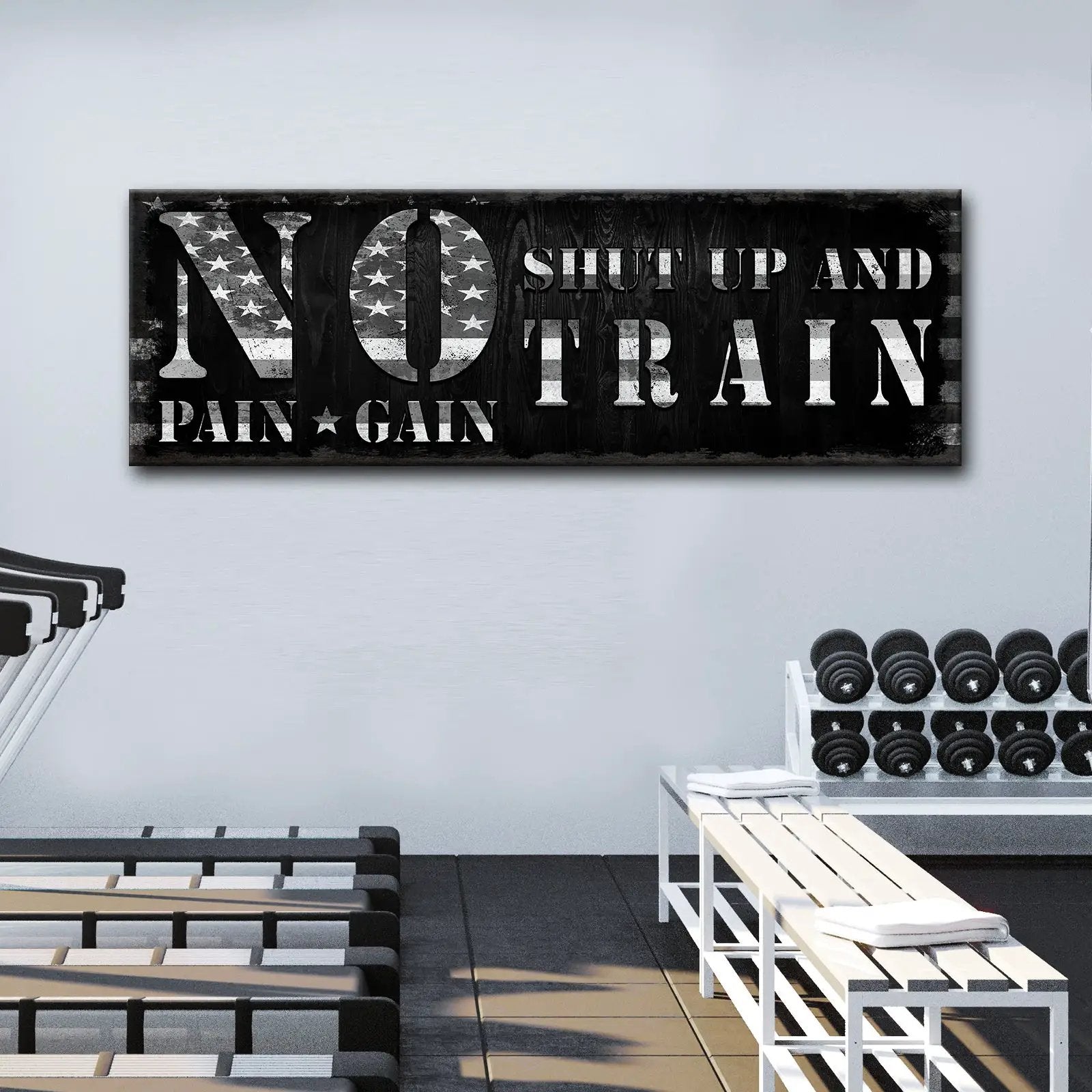 No Pain No Gain canvas sign with distressed black wood background and bold white lettering on Tampa Home & Garden Store