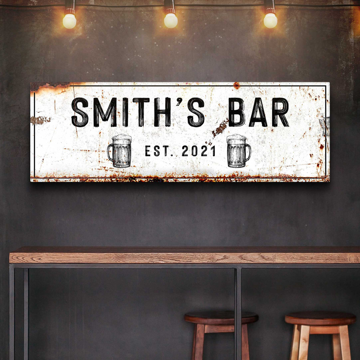 Family Bar Rustic Sign canvas by Tailored Canvases, white with black lettering and beer mugs on Tampa Home & Garden Store