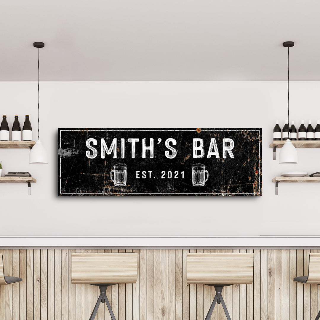 Family Bar Rustic Sign canvas with distressed black surface and white lettering on Tampa Home & Garden Store