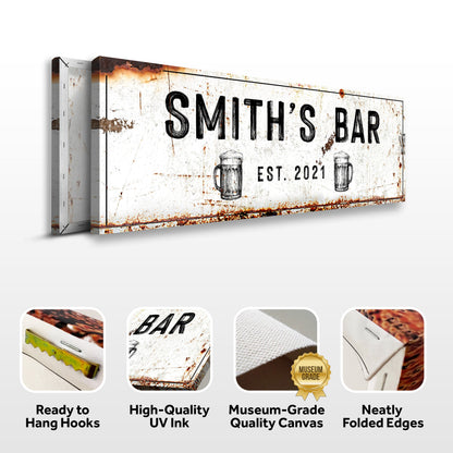 Family Bar Rustic Sign canvas by Tailored Canvases, distressed white with rust and mugs on Tampa Home & Garden Store