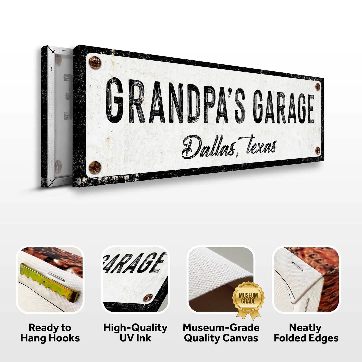 Grandpa's Garage Sign canvas by Tailored Canvases, distressed white with black frame on Tampa Home & Garden Store