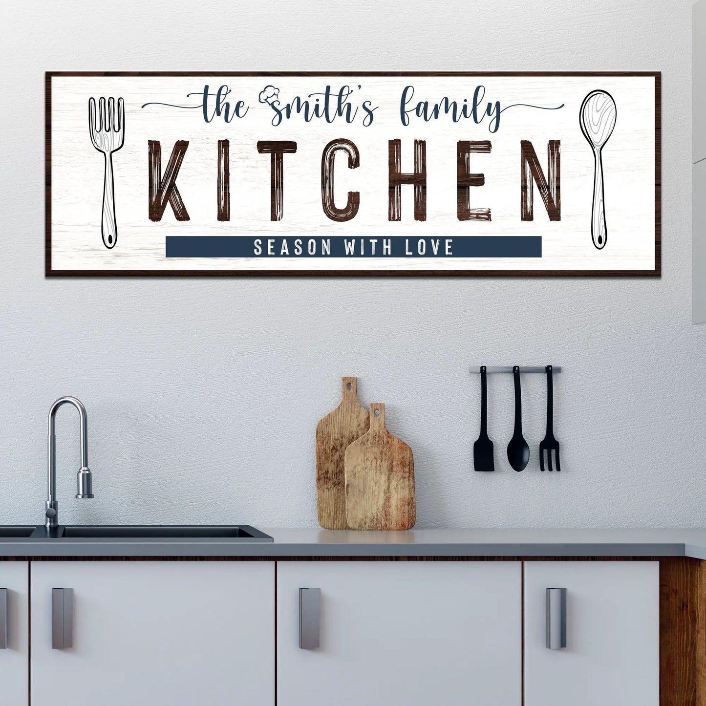 Family Kitchen Sign IV canvas wall art with navy script and brown KITCHEN letters on Tampa Home & Garden Store