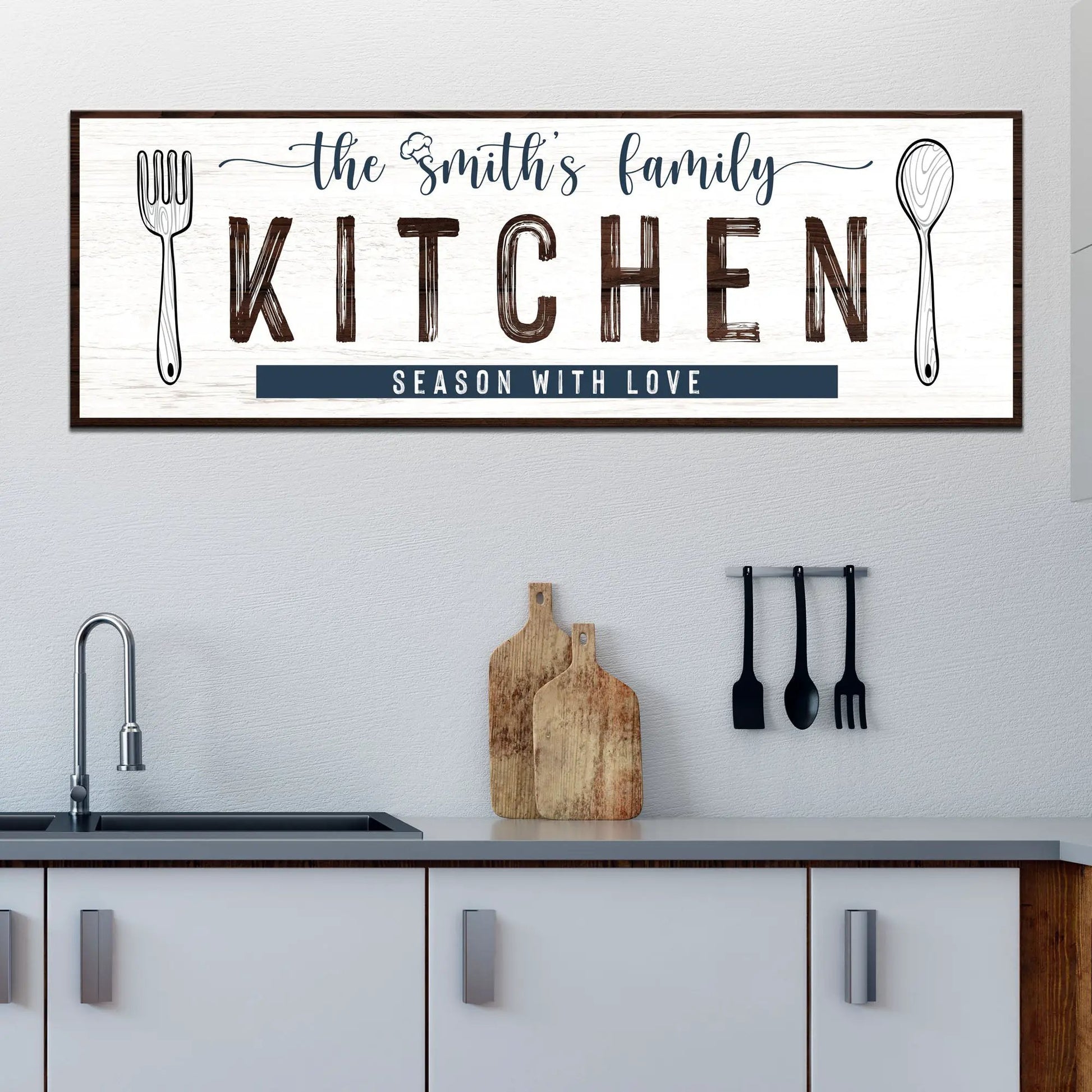 Family Kitchen Sign IV canvas wall art with navy script and brown KITCHEN letters on Tampa Home & Garden Store
