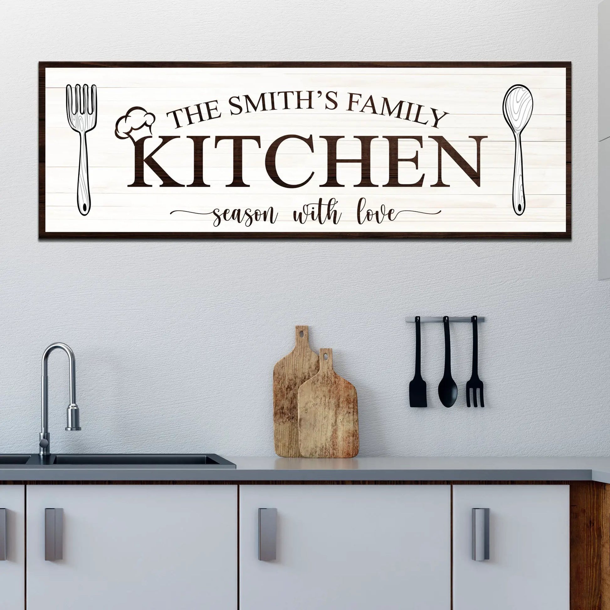 Canvas Family Kitchen Sign IV with whitewashed wood and utensil icons on Tampa Home & Garden Store