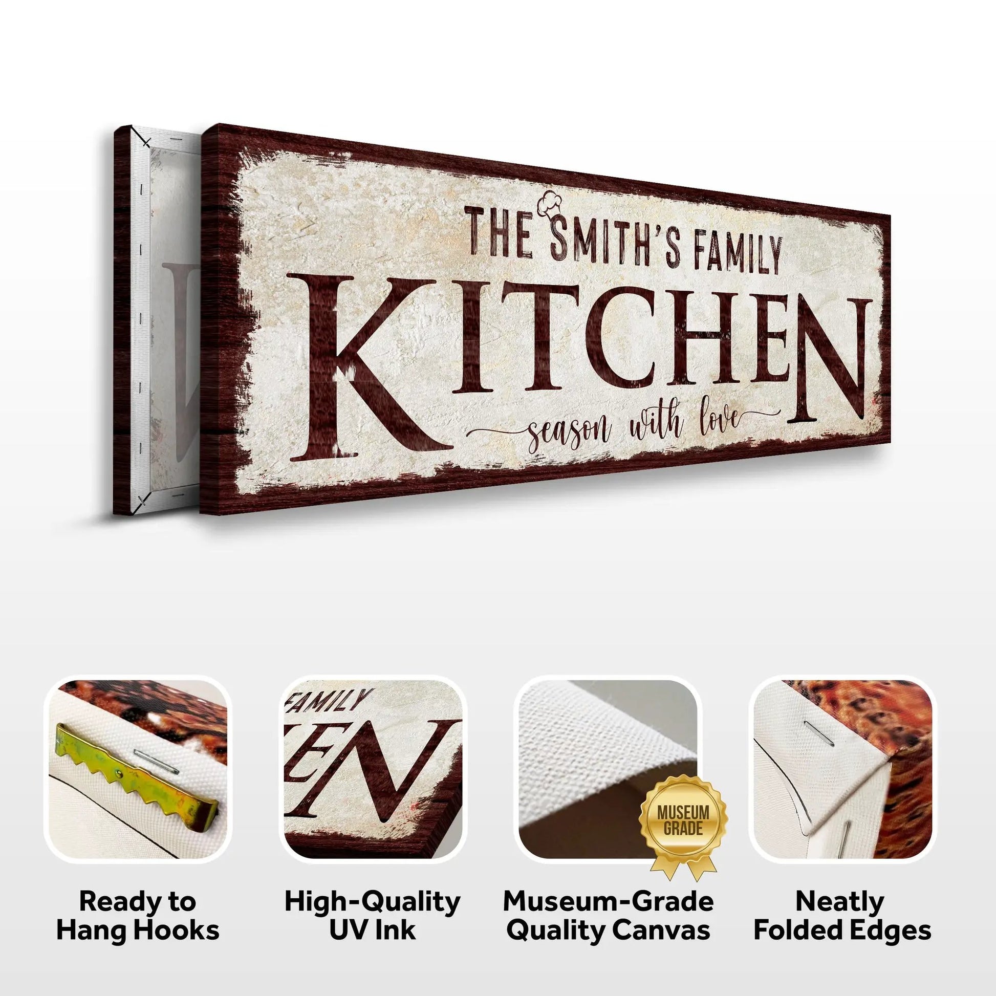 Family Kitchen Sign IV canvas by Tailored Canvases, distressed white with burgundy wood frame on Tampa Home & Garden Store