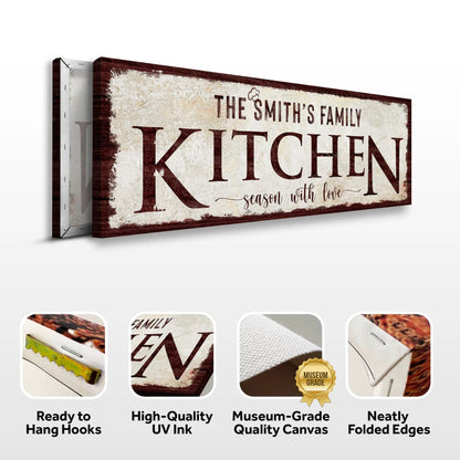 Family Kitchen Sign IV canvas by Tailored Canvases, distressed white with burgundy wood frame on Tampa Home & Garden Store