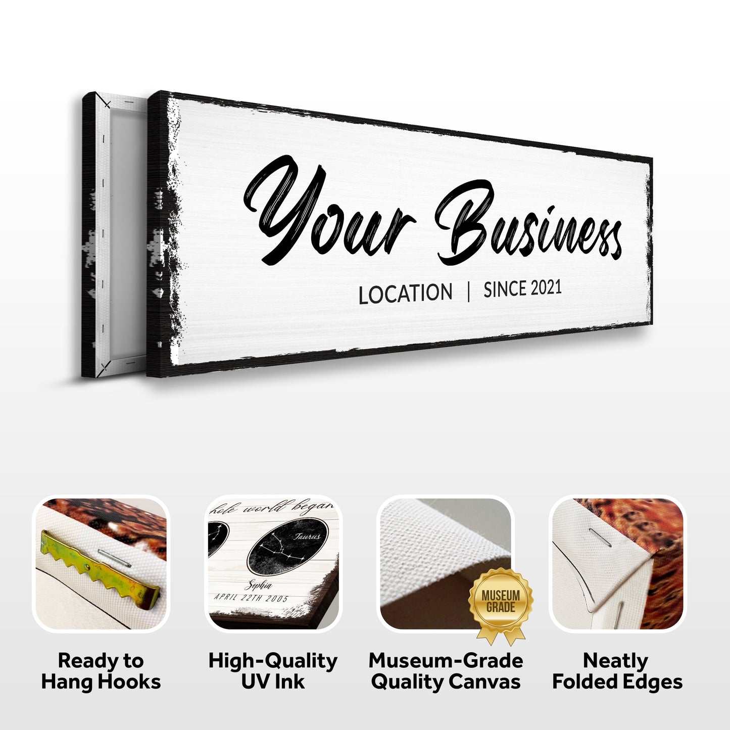 Your Business Location Sign by Tailored Canvases with black edge on white canvas on Tampa Home & Garden Store