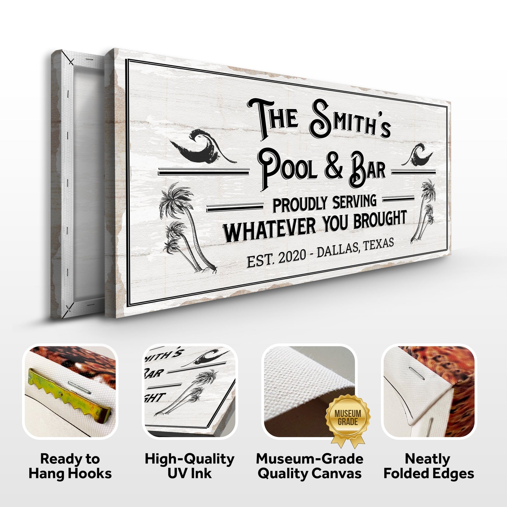 Personalized rustic pool and bar sign canvas by Tailored Canvases with vintage wood panel look on Tampa Home & Garden Store