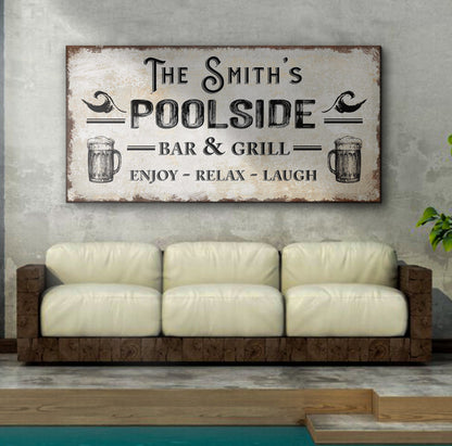 Canvas sign Tailored Canvases crafting canvas poolside bar & grill with distressed finish on Tampa Home & Garden Store