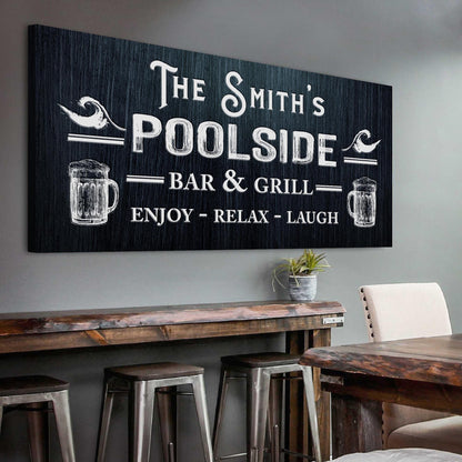Personalized poolside bar & grill sign on a dark chalkboard canvas with white lettering on Tampa Home & Garden Store