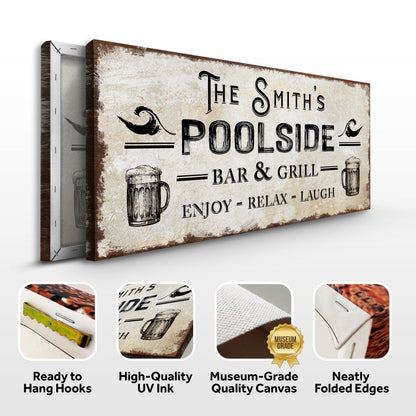 Personalized poolside bar and grill sign canvas, beige with mug icons by Tailored Canvases on Tampa Home & Garden Store