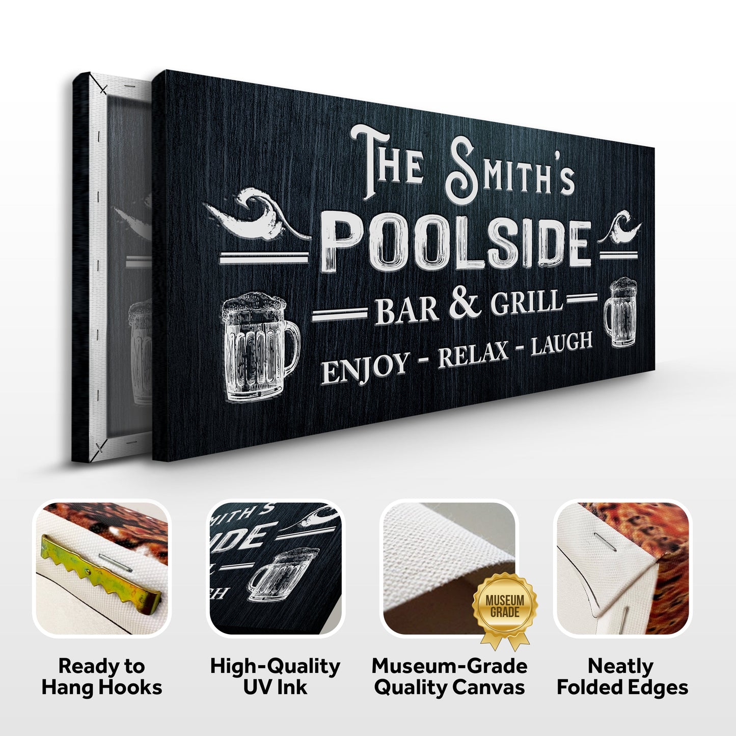 Personalized Poolside Bar and Grill canvas sign II by Tailored Canvases with dark wood finish on Tampa Home & Garden Store