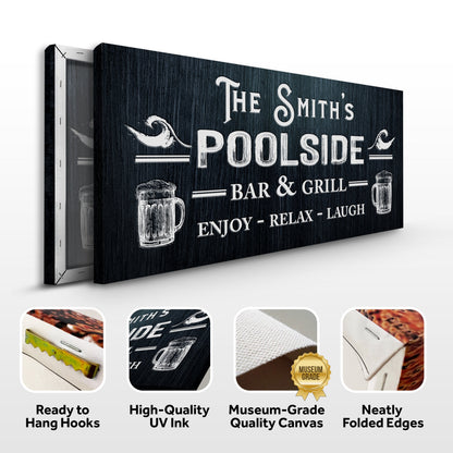 Personalized Poolside Bar and Grill canvas sign II by Tailored Canvases with dark wood finish on Tampa Home & Garden Store