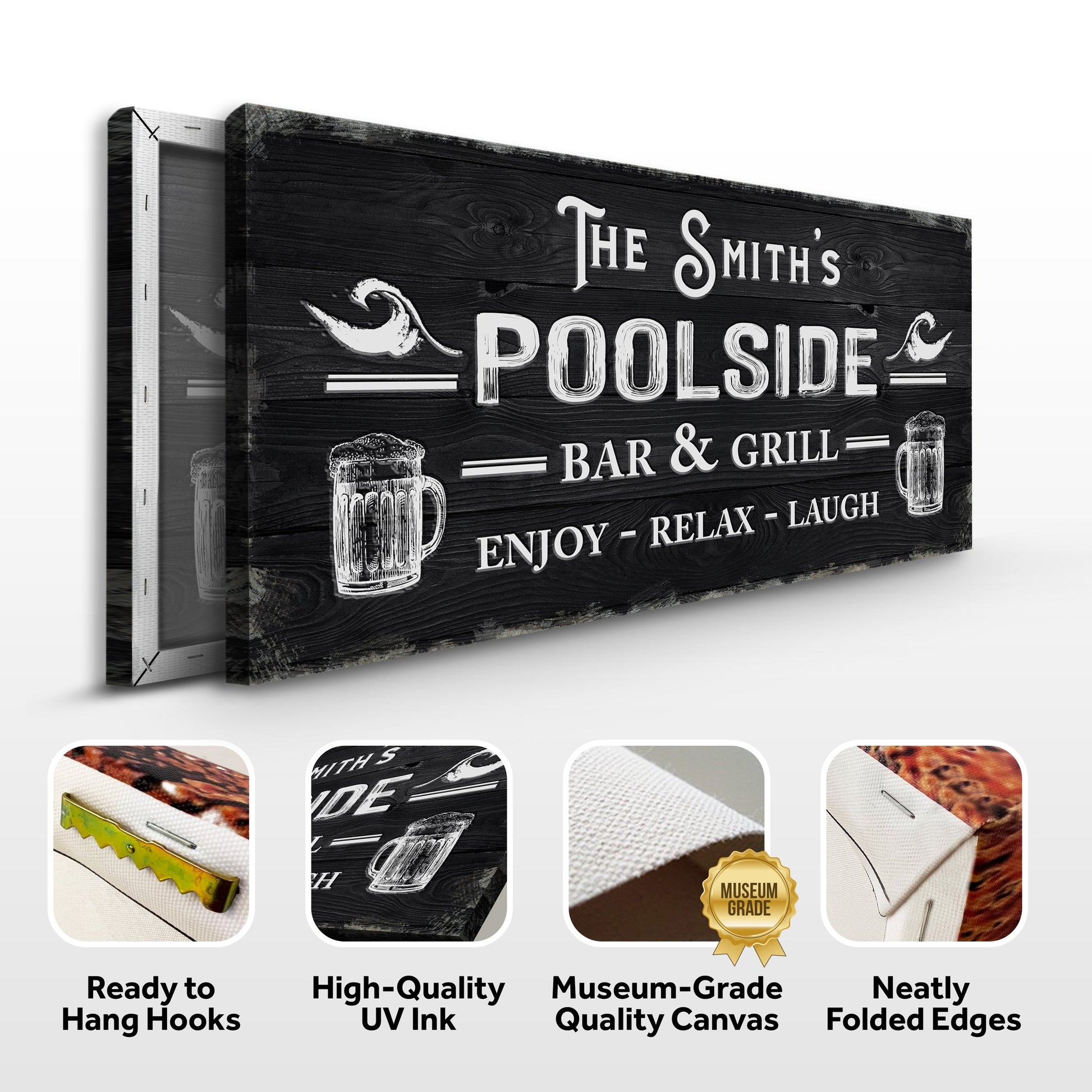 Personalized Poolside Bar And Grill Sign III canvas on black wood grain with white text on Tampa Home & Garden Store