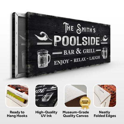Personalized Poolside Bar And Grill Sign III canvas on black wood grain with white text on Tampa Home & Garden Store