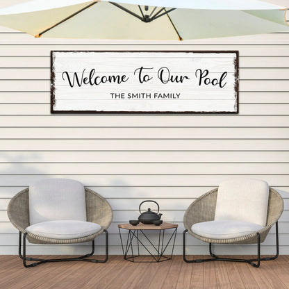 Welcome To Our Pool sign on canvas with rustic frame Tailored Canvases Crafting Canvas on Tampa Home & Garden Store