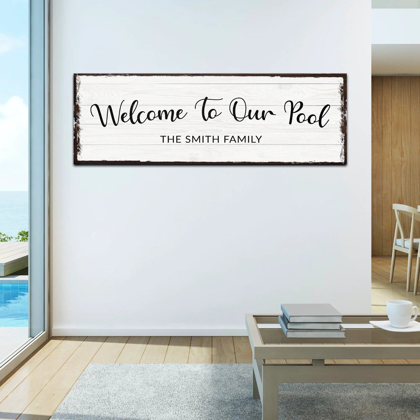 Welcome To Our Pool canvas sign with whitewashed wood and Smith Family text Tailored Canvases on Tampa Home & Garden Store