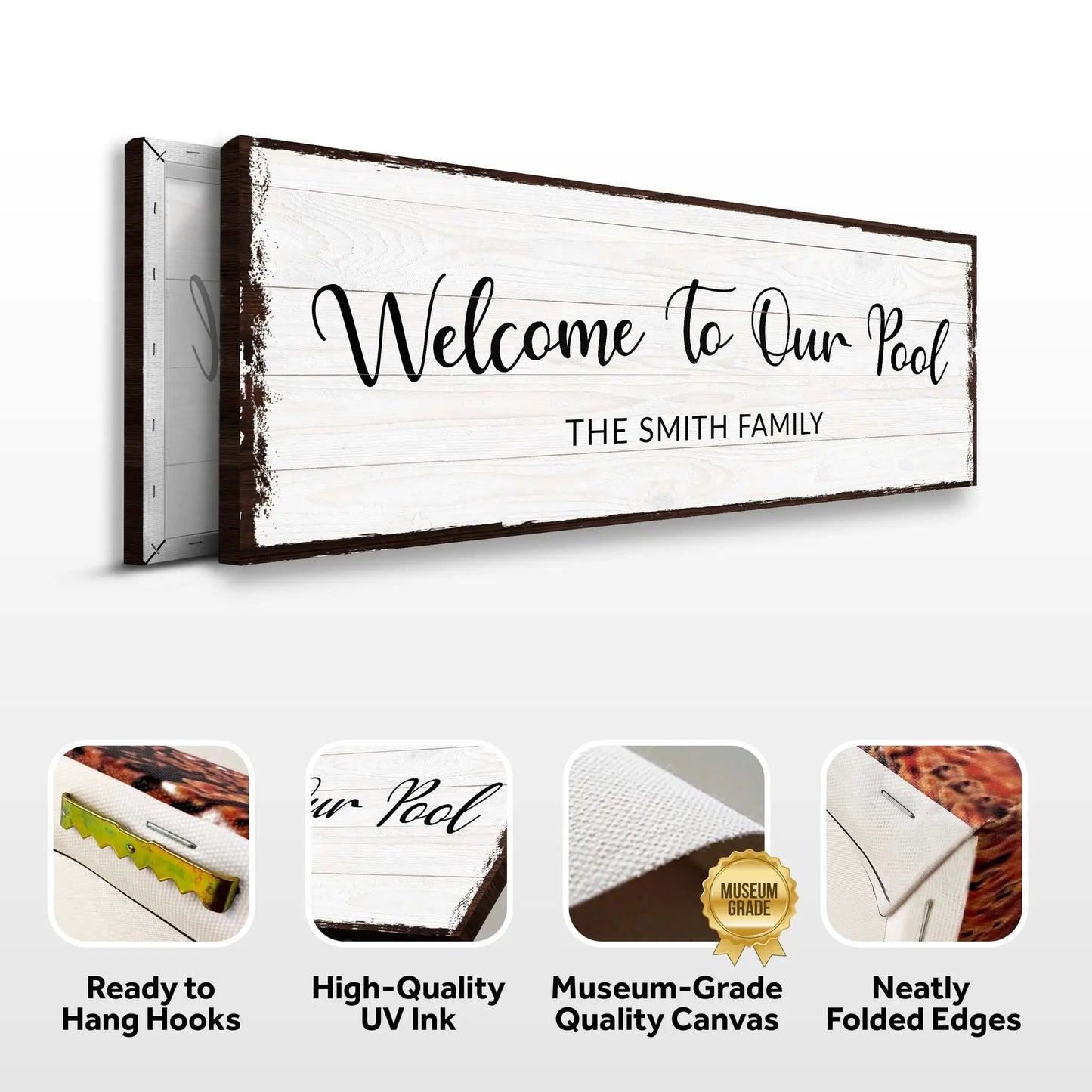 Welcome To Our Pool Sign canvas by Tailored Canvases, white wood planks with brown edges on Tampa Home & Garden Store