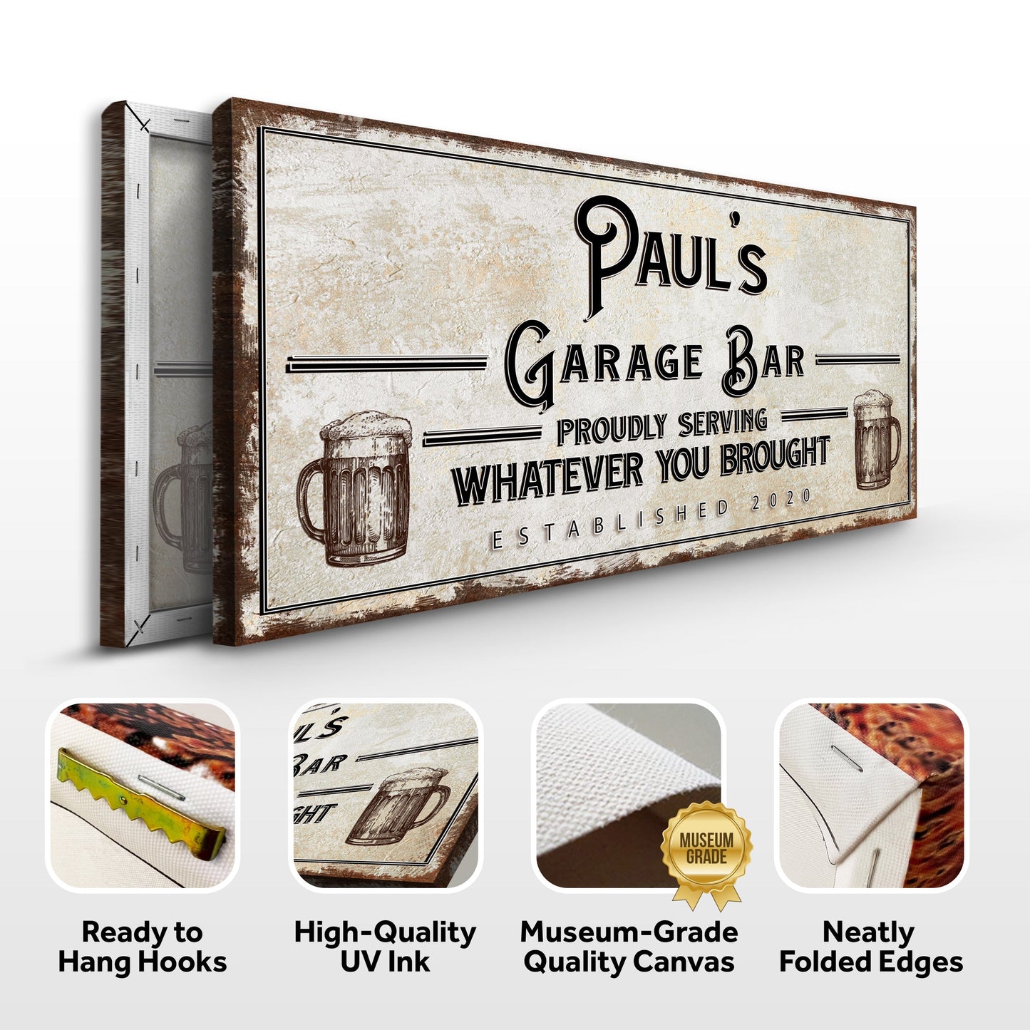 Canvas sign personalized rustic garage home bar decor by Tailored Canvases Paul’s Garage Bar on Tampa Home & Garden Store