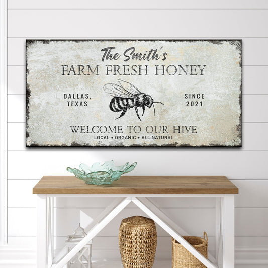 Family Farm Fresh Honey canvas sign with distressed beige background and bee illustration on Tampa Home & Garden Store