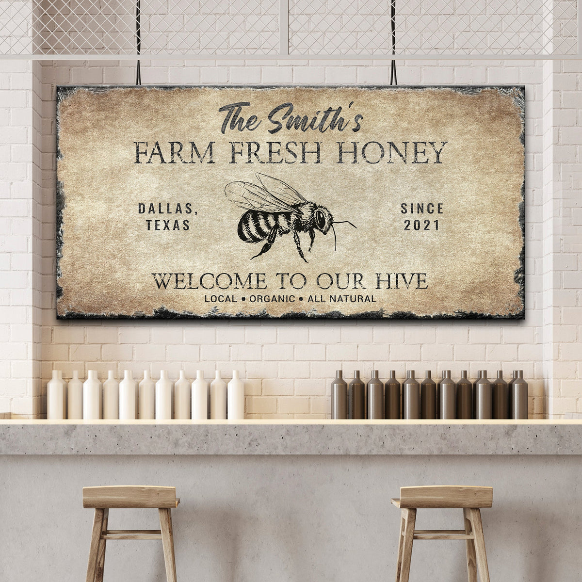 Family Farm Fresh Honey Sign canvas with distressed beige background and bee illustration on Tampa Home & Garden Store