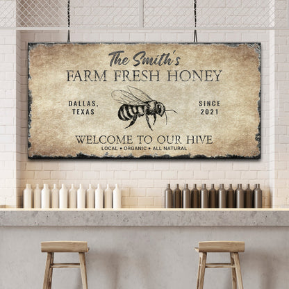 Family Farm Fresh Honey Sign canvas with distressed beige background and bee illustration on Tampa Home & Garden Store