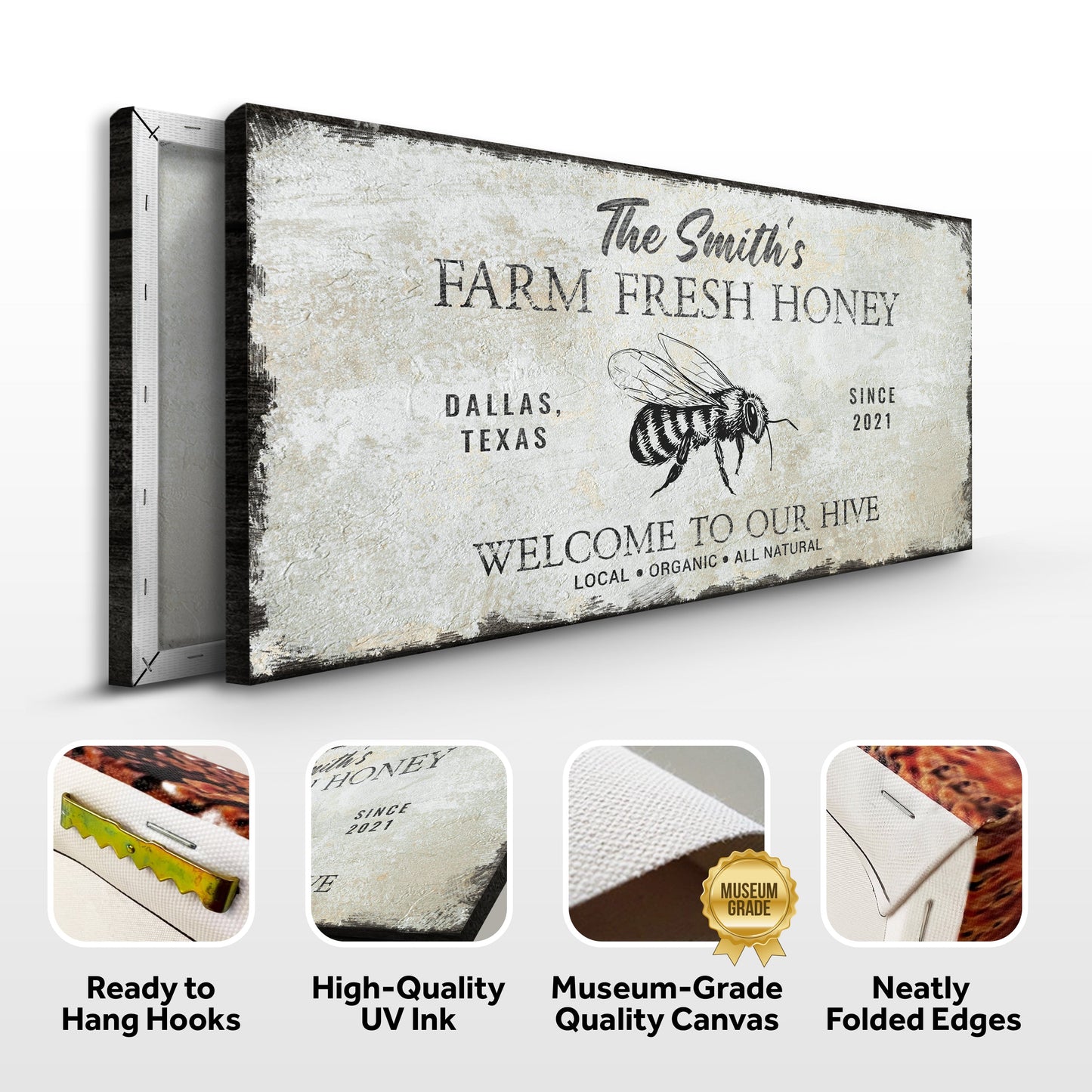 Family Farm Fresh Honey sign canvas with rustic distressed print and bee illustration on Tampa Home & Garden Store