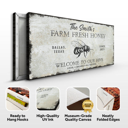 Family Farm Fresh Honey sign canvas with rustic distressed print and bee illustration on Tampa Home & Garden Store