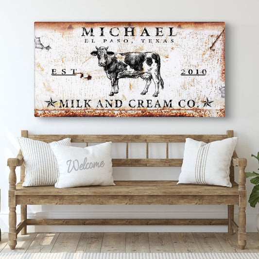 Milk And Cream Co crafting canvas sign by Tailored Canvases, rustic cow illustration on Tampa Home & Garden Store