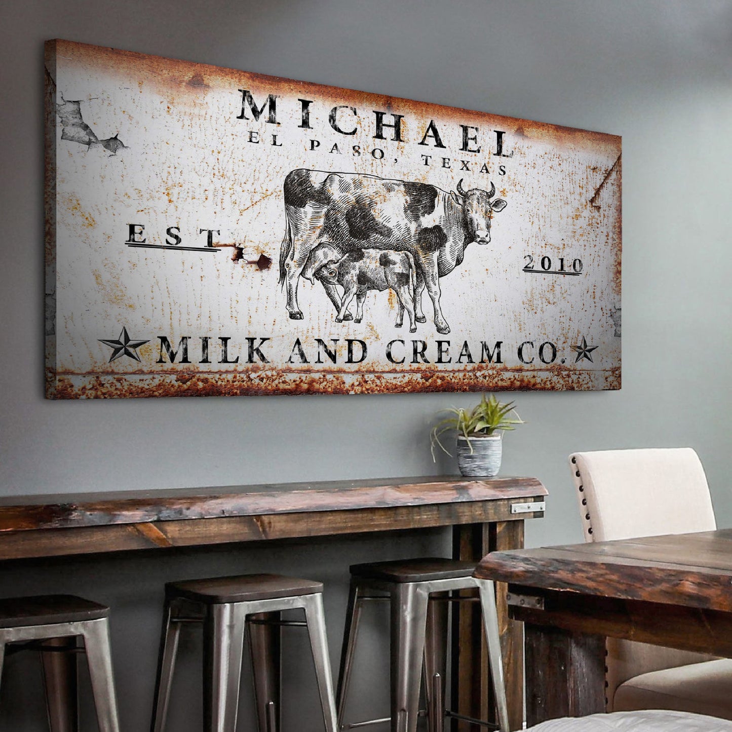 Milk And Cream Co sign canvas with rustic finish and cow illustration by Tailored Canvases on Tampa Home & Garden Store
