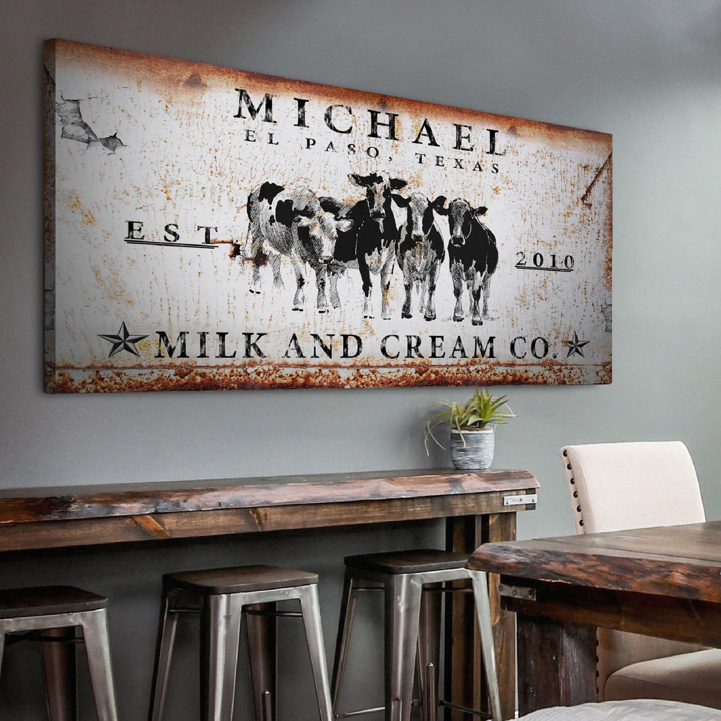 Milk And Cream Co Sign canvas by Tailored Canvases, rustic vintage dairy sign with cows on Tampa Home & Garden Store