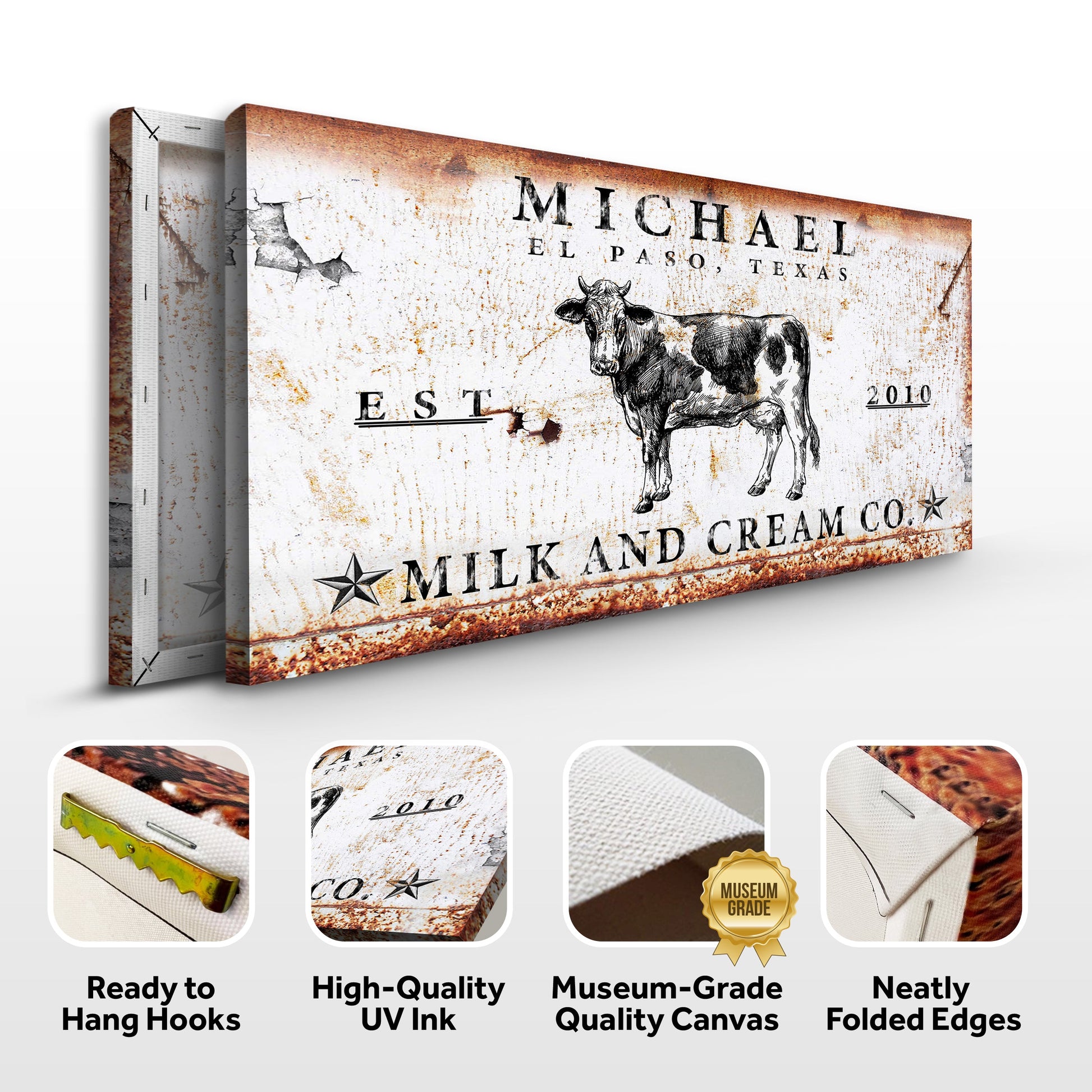 Milk and Cream Co sign canvas with rusted vintage texture by Tailored Canvases on Tampa Home & Garden Store