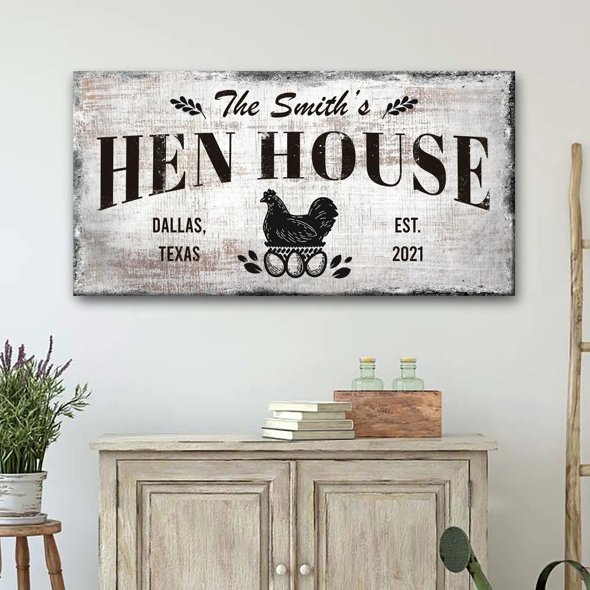 Family Hen House Sign canvas with wood, The Smith's HEN HOUSE, Dallas TX est 2021 on Tampa Home & Garden Store