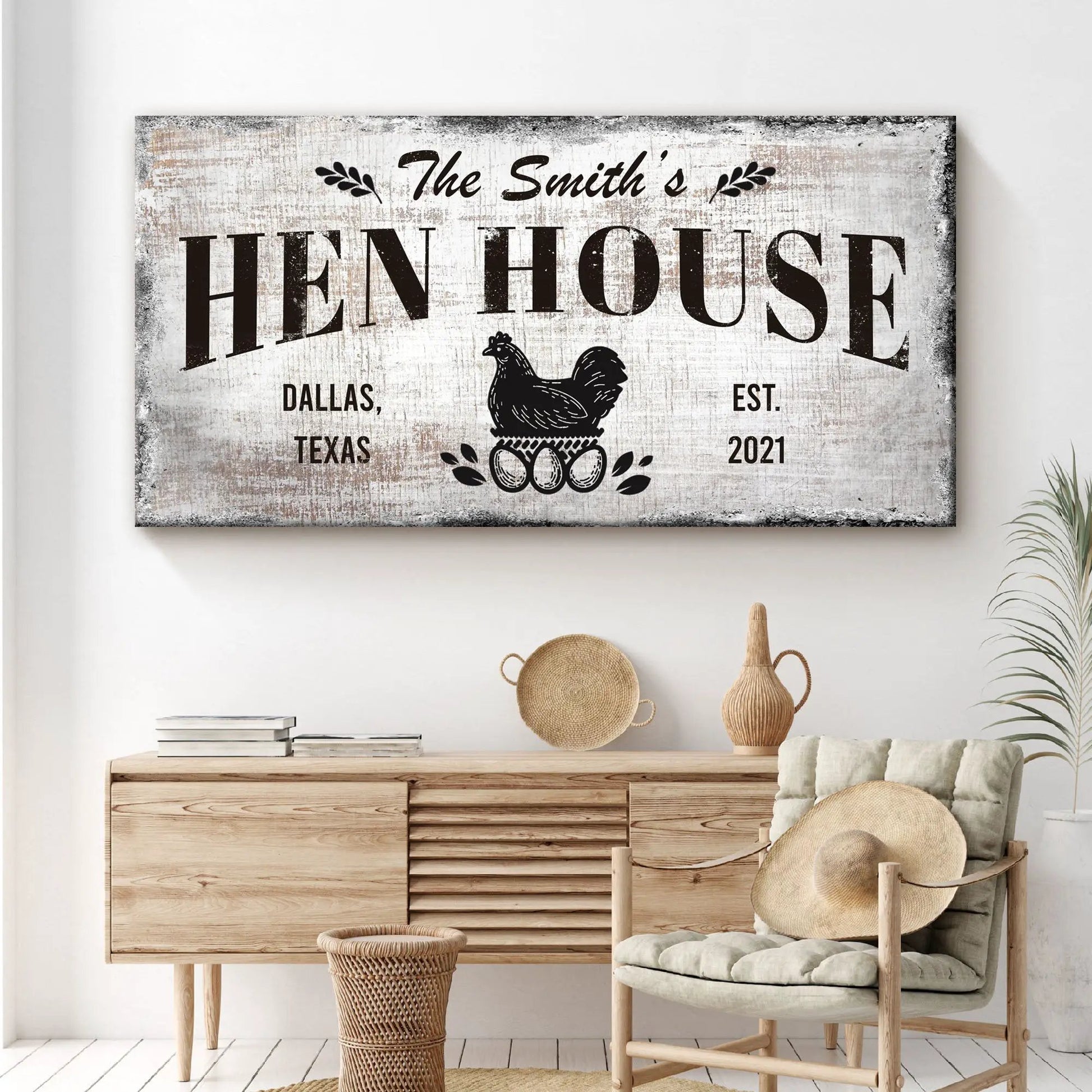 Family Hen House Sign canvas with distressed whitewashed look and bold Hen House text on Tampa Home & Garden Store