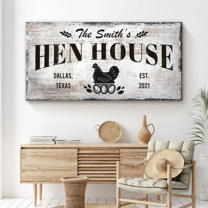 Family Hen House Sign canvas with distressed whitewashed look and bold Hen House text on Tampa Home & Garden Store