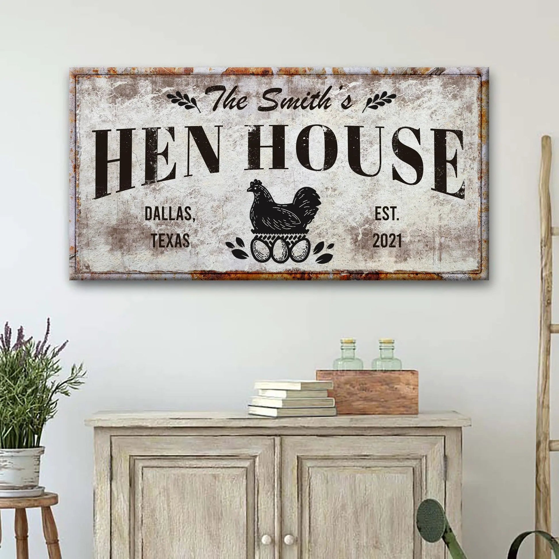 Family Hen House Sign canvas crafting print with rustic finish and rooster motif by Tailored Canvases on Tampa Home & Garden Store