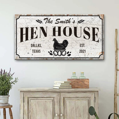 Family Hen House Sign canvas by Tailored Canvases, distressed white with bold black lettering on Tampa Home & Garden Store
